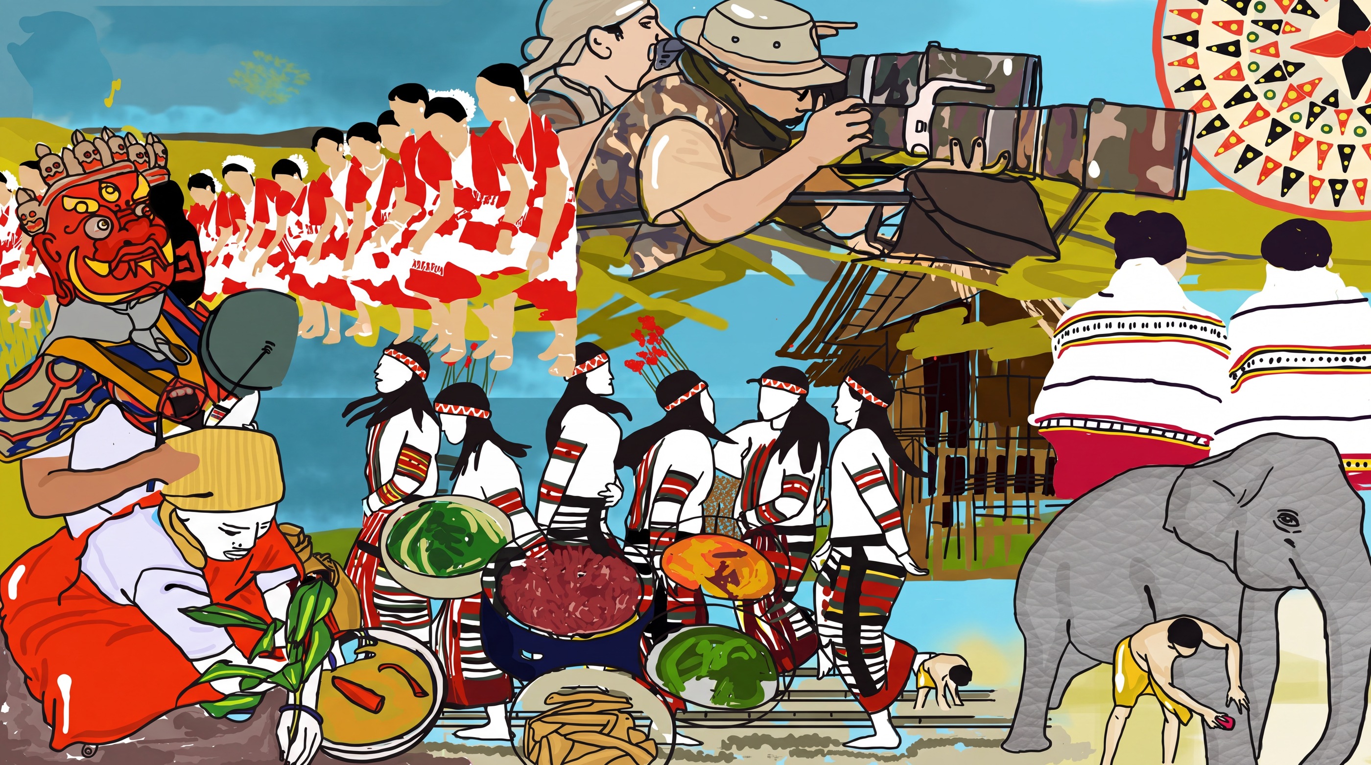 An illustrated collage of life in Northeast India — dancers, a photographer, a stilt house, an elephant and a village feast