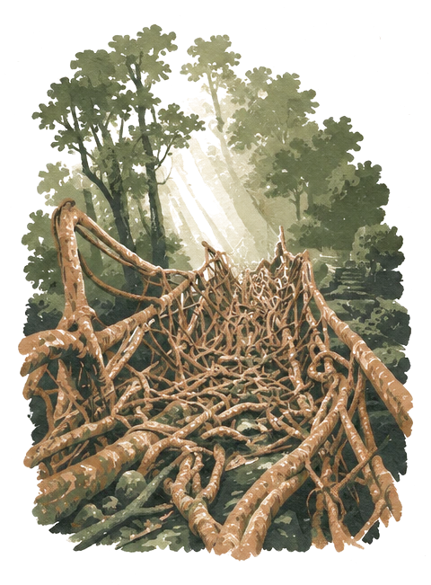 Illustration of a living root bridge of thick twisted roots in soft forest light