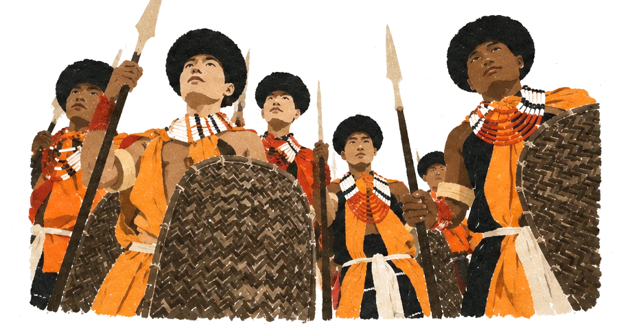 Illustration of Naga warriors in black fur hats and orange shawls, holding spears and woven shields