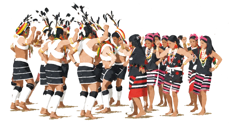 Illustration of a big group of Naga dancers in black, white and red dress dancing on a festival ground