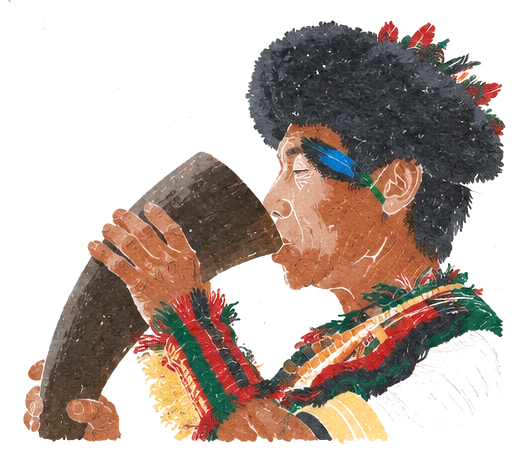 Illustration of a Naga man in a feathered headdress blowing a long buffalo horn