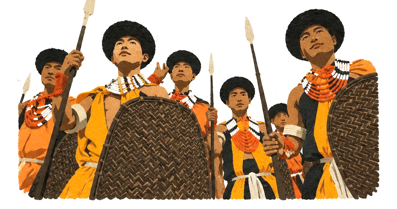Illustration of young Naga warriors in black hats and orange dress, holding spears and woven shields