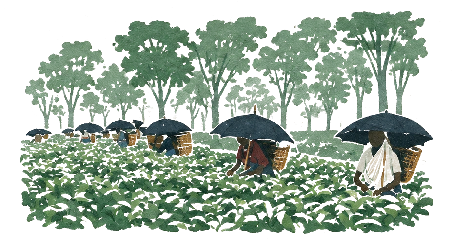 Illustration of tea pluckers under black umbrellas in a green tea garden beneath tall shade trees
