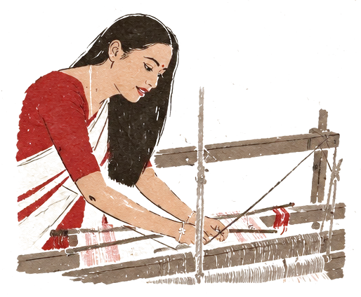 Illustration of a woman in a cream and red mekhela chador weaving at a wooden handloom