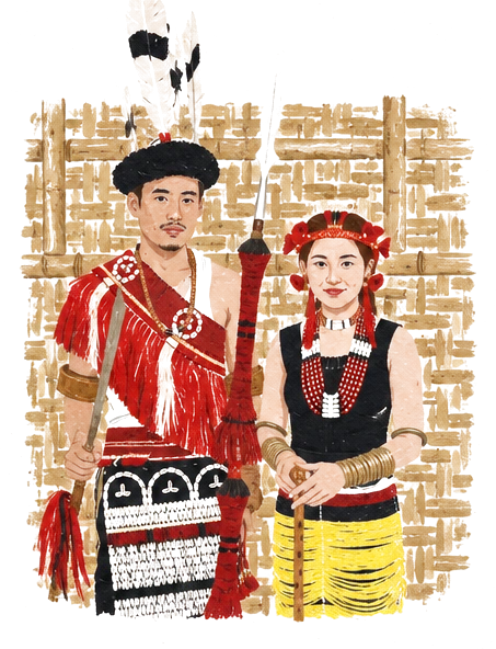 Illustration of a young Naga man and woman in traditional dress, red shawls and beads, in front of a woven bamboo wall