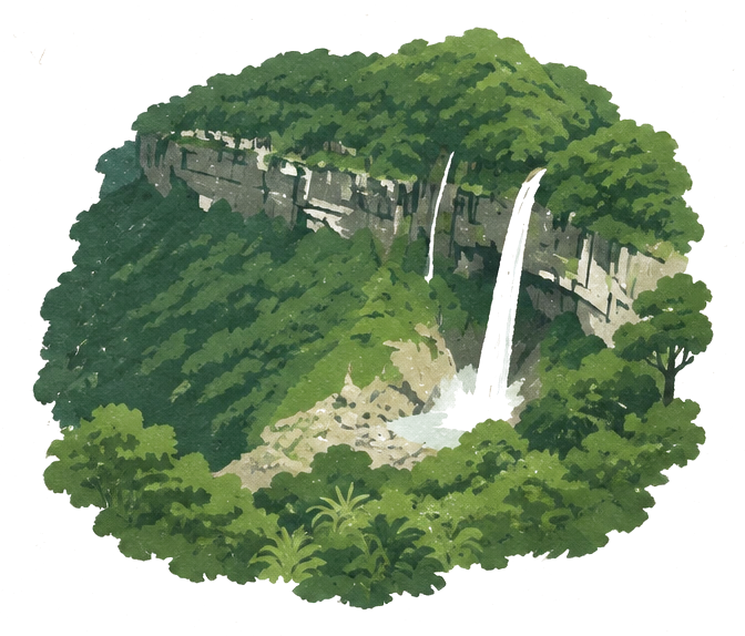 Illustration of a tall thin waterfall dropping from a green cliff into a forested gorge