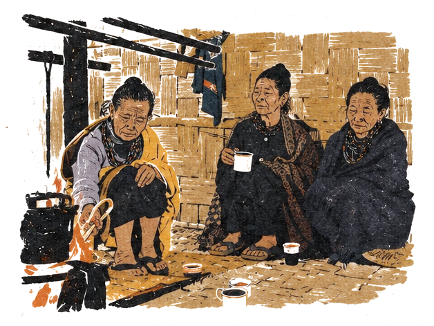 Illustration of three women sitting around a small hearth fire inside a bamboo house, with cups of tea