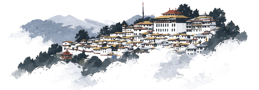 Illustration of Tawang Monastery, a long line of white buildings on a hilltop, floating above a sea of cloud