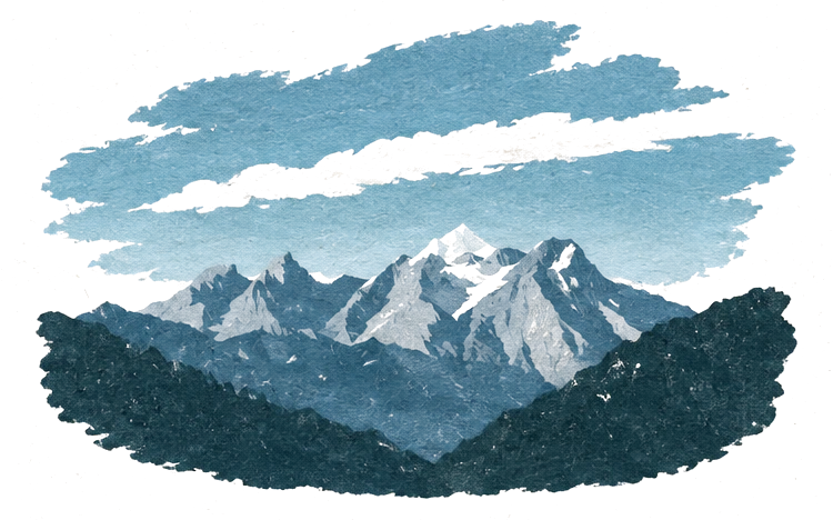 Illustration of a snow peak rising behind dark forested ridges, with long drifts of cloud across a blue sky