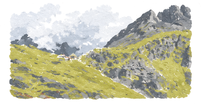 Illustration of a steep mountainside of yellow-green grass and grey rock rising to a jagged ridge in cloud