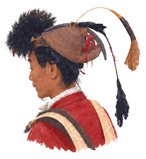 Illustration of a woman in a traditional cane hat topped with a hornbill beak and feathers