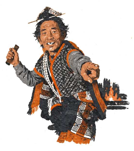 Illustration of an older man dancing by a fire, smiling and pointing