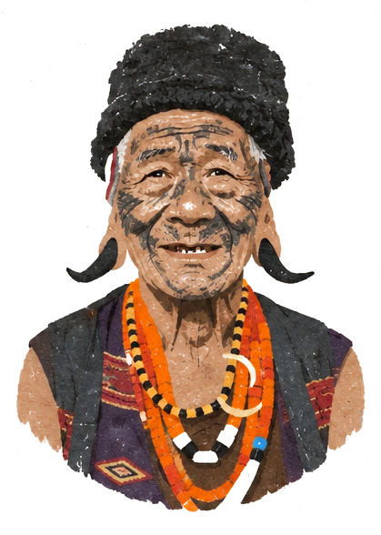 Illustration of a smiling elder with a tattooed face, a fur cap and strands of orange beads