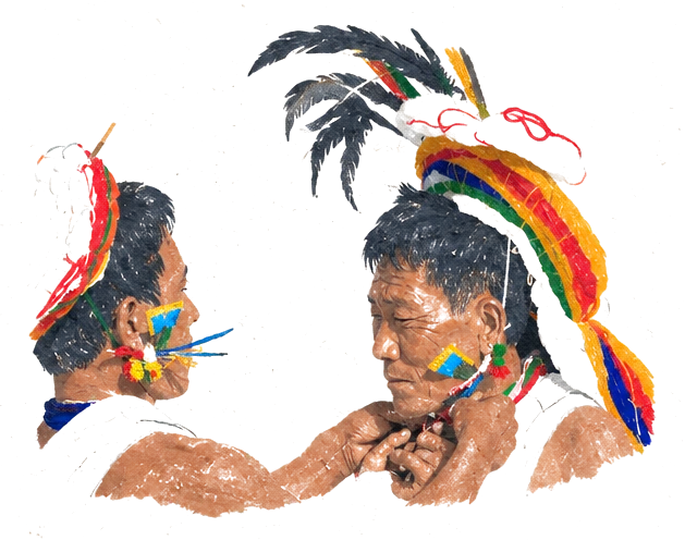 Illustration of two men in feathered festival headdresses with painted faces