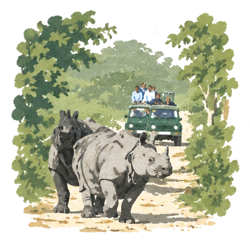 Illustration of two one-horned rhinos on a forest road, with a safari jeep behind them