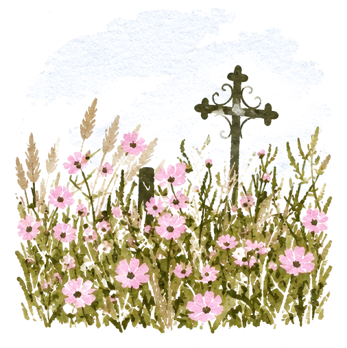 Illustration of pink cosmos flowers in tall grass beside a wooden cross
