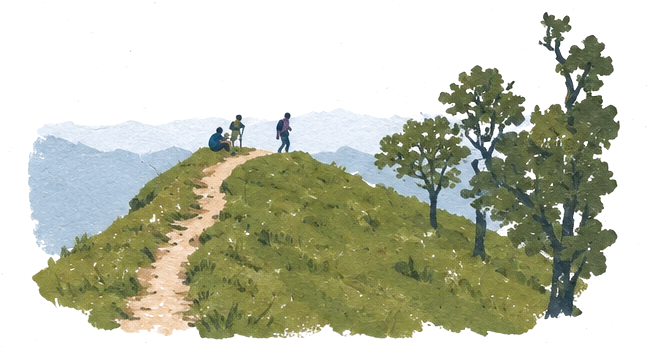 Illustration of two hikers on a trail along a grassy ridge