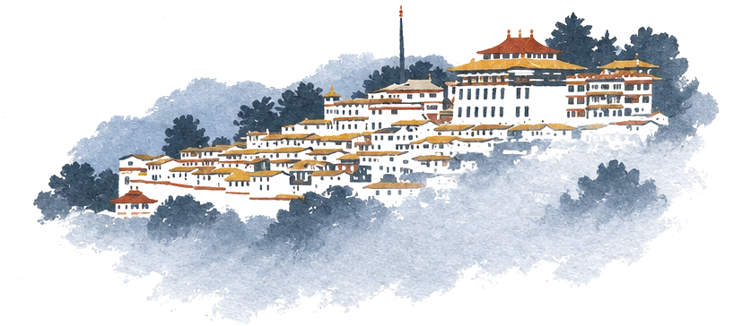 Illustration of Tawang Monastery rising out of mist