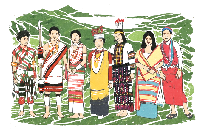Illustration of seven people from different tribes of Northeast India in traditional dress, standing on green terraced hills