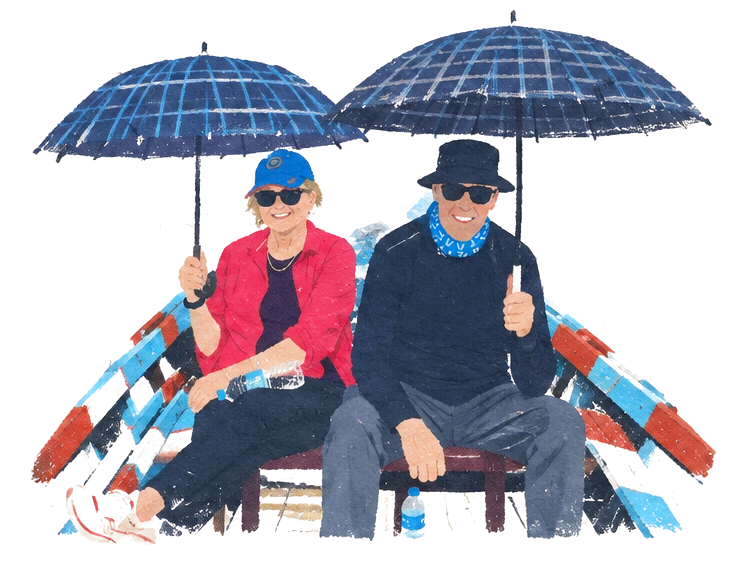 Illustration of two smiling travelers in a small painted boat under dark umbrellas
