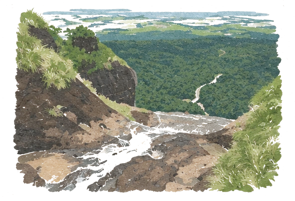 Illustration of a stream spilling over a rocky ledge into a deep green forested valley