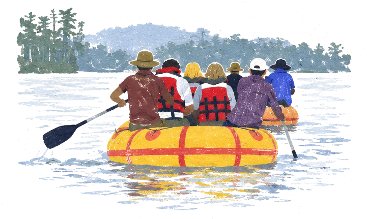 Illustration of travelers in life jackets paddling a yellow raft on a calm river, forest on the far bank