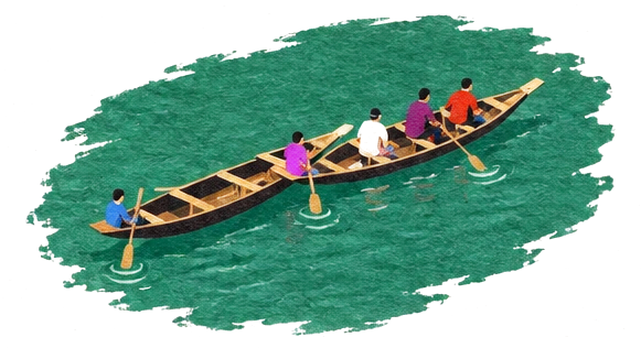 Illustration of a long wooden boat with a few people on clear emerald-green water, seen from above