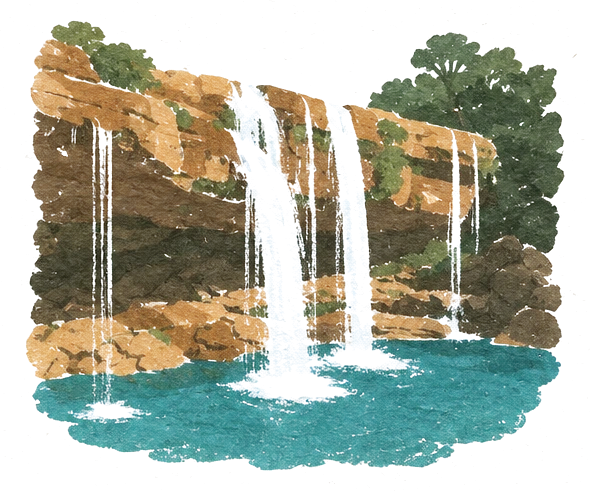Illustration of a wide waterfall pouring over a rock ledge into a clear turquoise pool