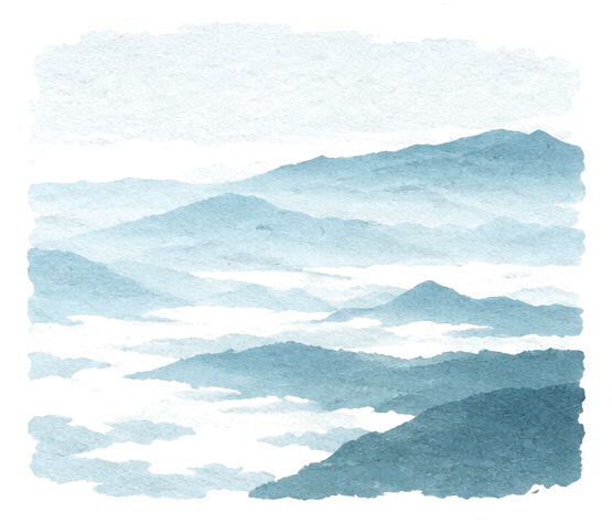 Illustration of layers of blue hill ridges rising out of a sea of morning mist