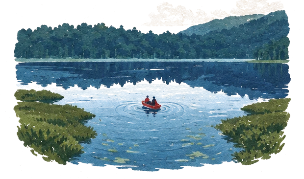 Illustration of a calm lake between forested hills, a small red boat on the water