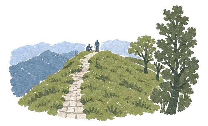 Illustration of a stone path along a grassy ridge with two small walkers, hills below