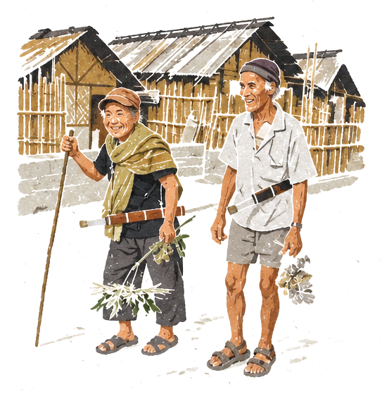 Illustration of two Apatani elders in cane hats walking down a village street past bamboo houses