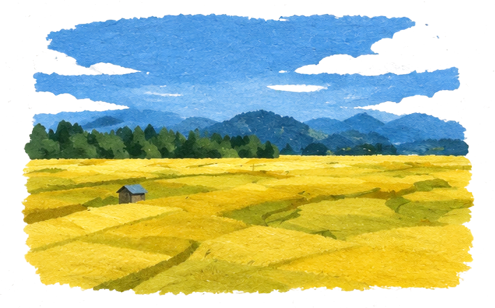 Illustration of golden-green rice fields in a valley with a small hut, blue hills and sky behind