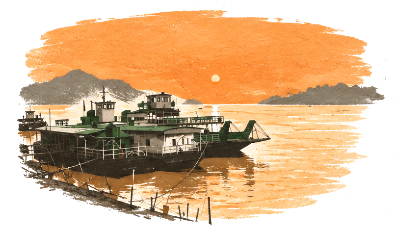Illustration of an old river ferry on a wide river at sunset under an orange sky