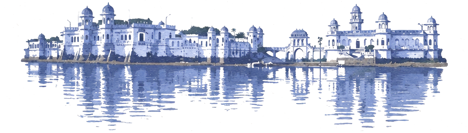 Illustration of Neermahal, a long white palace with domes, reflected in a still lake