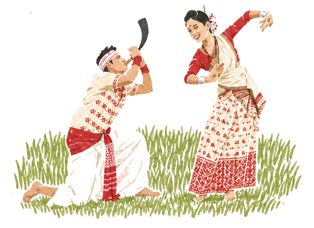 Illustration of two Bihu dancers in a green rice field, a man blowing a buffalo-horn pepa and a woman in a mekhela chador