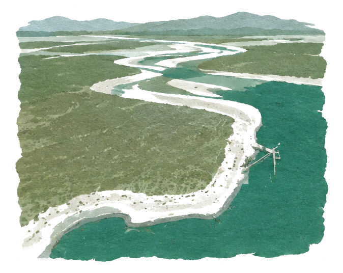 Illustration of the wide, braided Brahmaputra river seen from above, winding through green plains