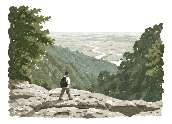 Illustration of a lone hiker with a backpack crossing a rock ledge above a forested valley
