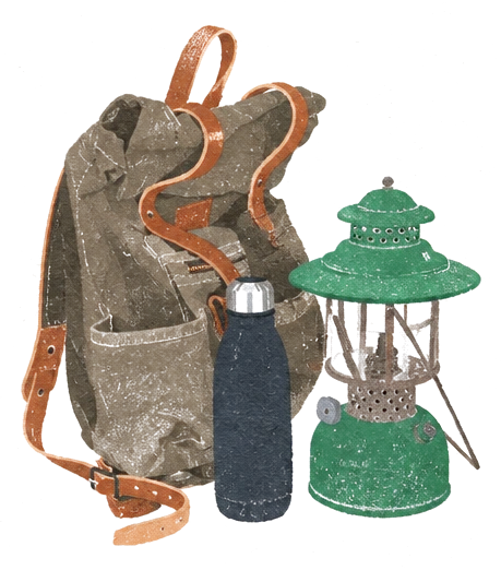 Illustration of a canvas backpack with leather straps, a steel water bottle and a green camping lantern