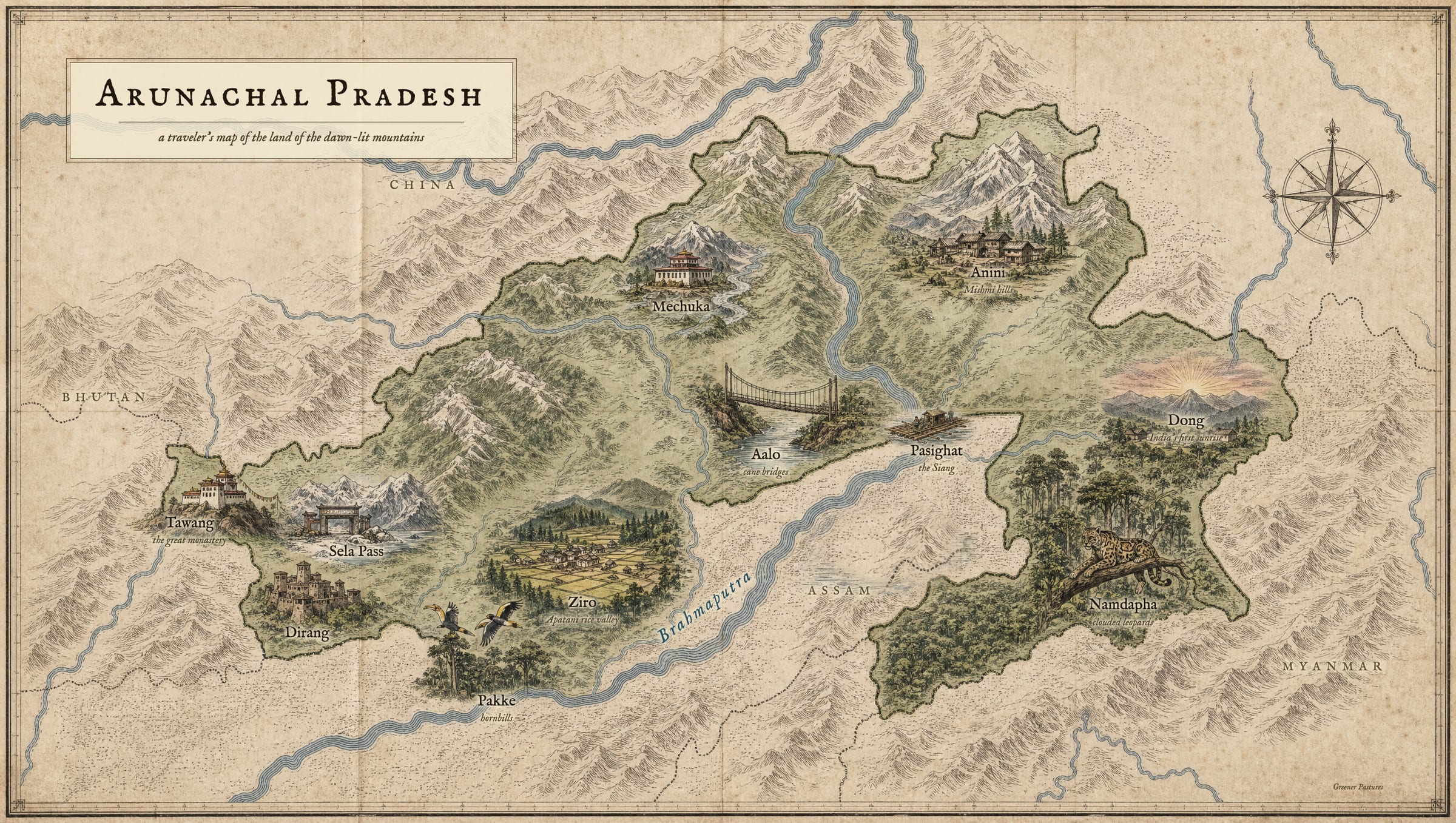 Illustrated tourist map of Arunachal Pradesh showing Tawang, Sela Pass, Dirang, Ziro, Mechuka, Aalo, Pasighat, Anini, Namdapha, Pakke and Dong.
