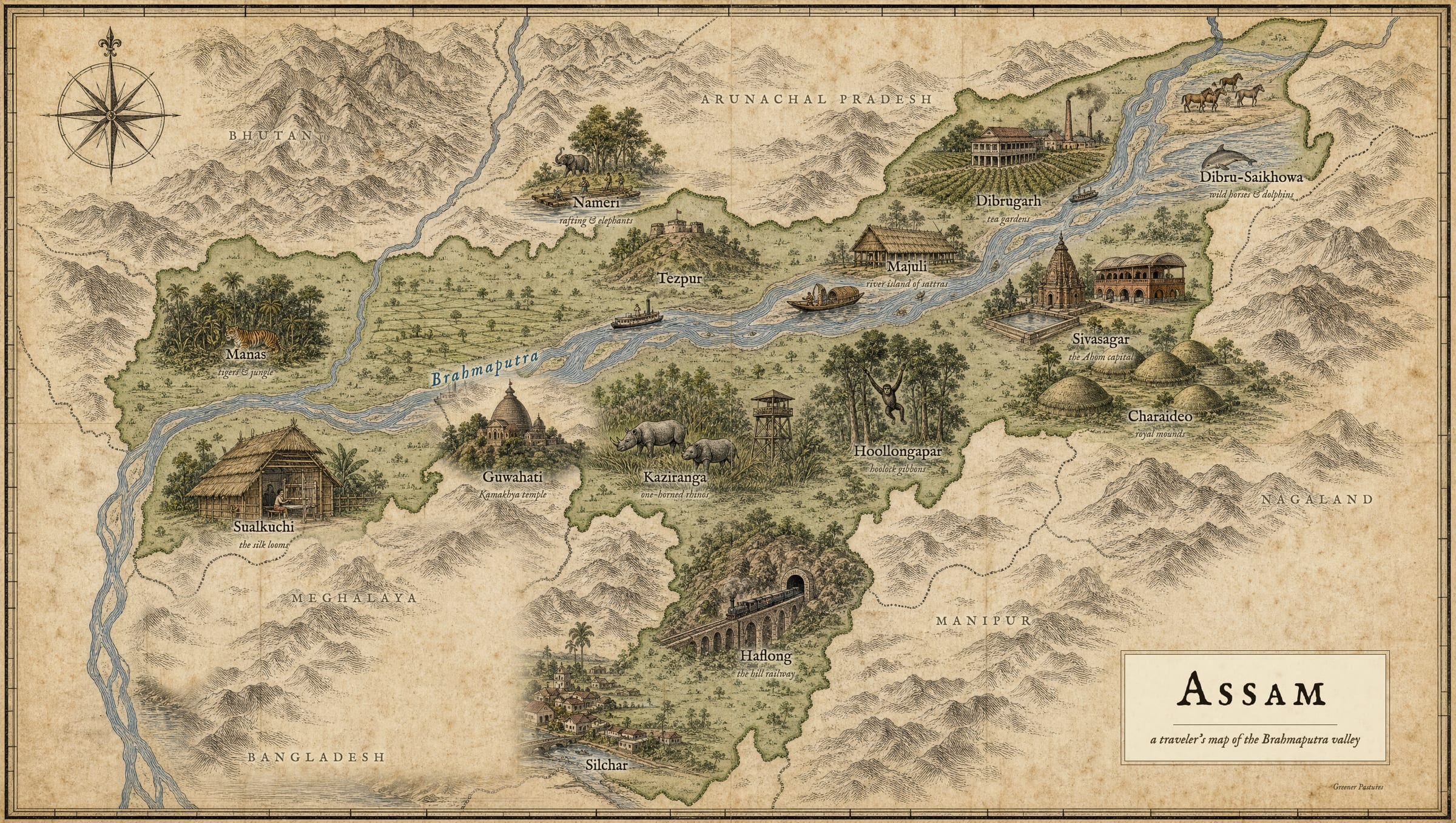 Illustrated tourist map of Assam showing Guwahati, Kaziranga, Manas, Nameri, Majuli, Sivasagar, Dibrugarh, Dibru-Saikhowa, Haflong and the Brahmaputra river.