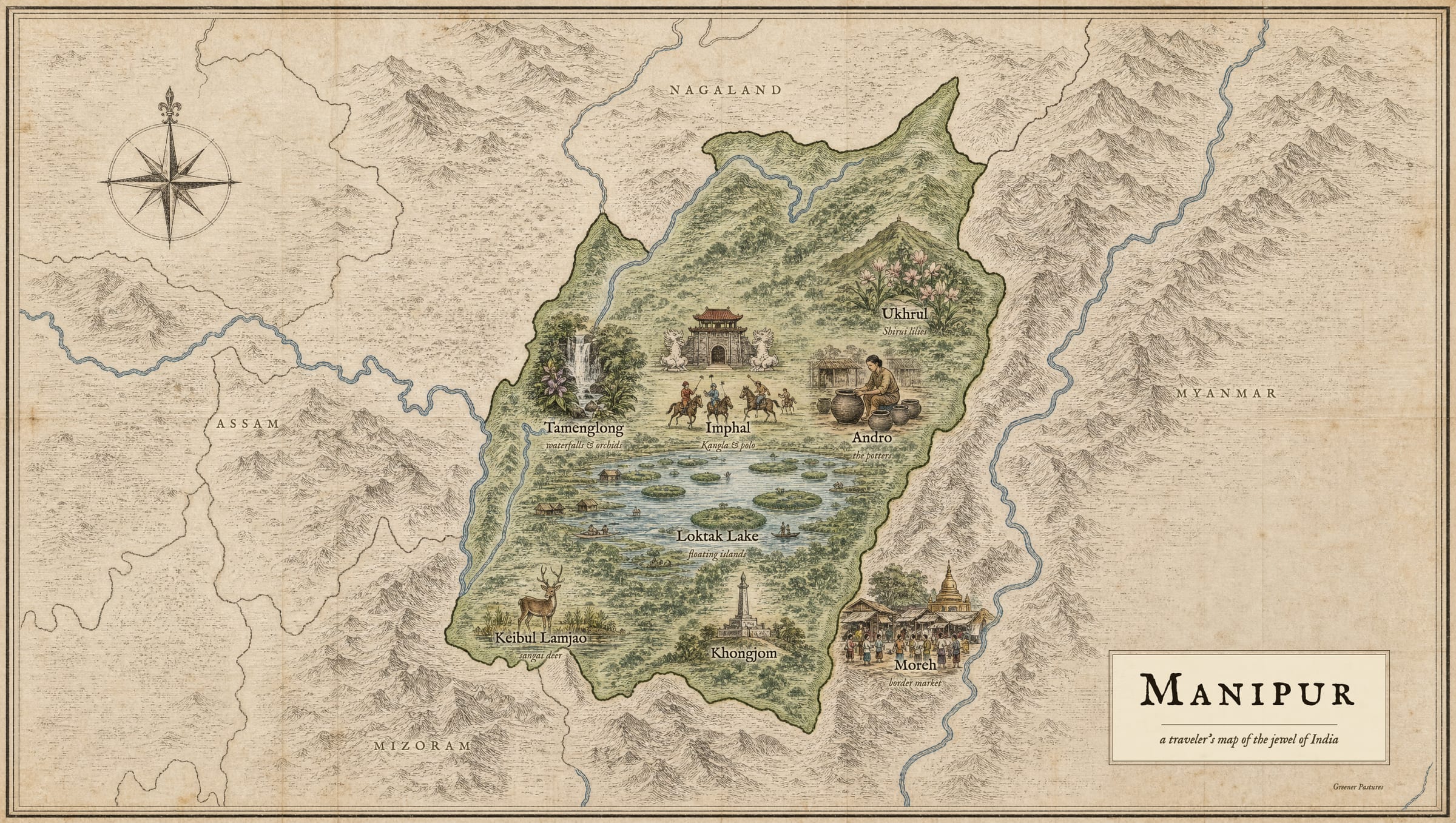 Illustrated tourist map of Manipur showing Imphal, Loktak Lake, Keibul Lamjao, Ukhrul, Andro, Tamenglong, Khongjom and Moreh.