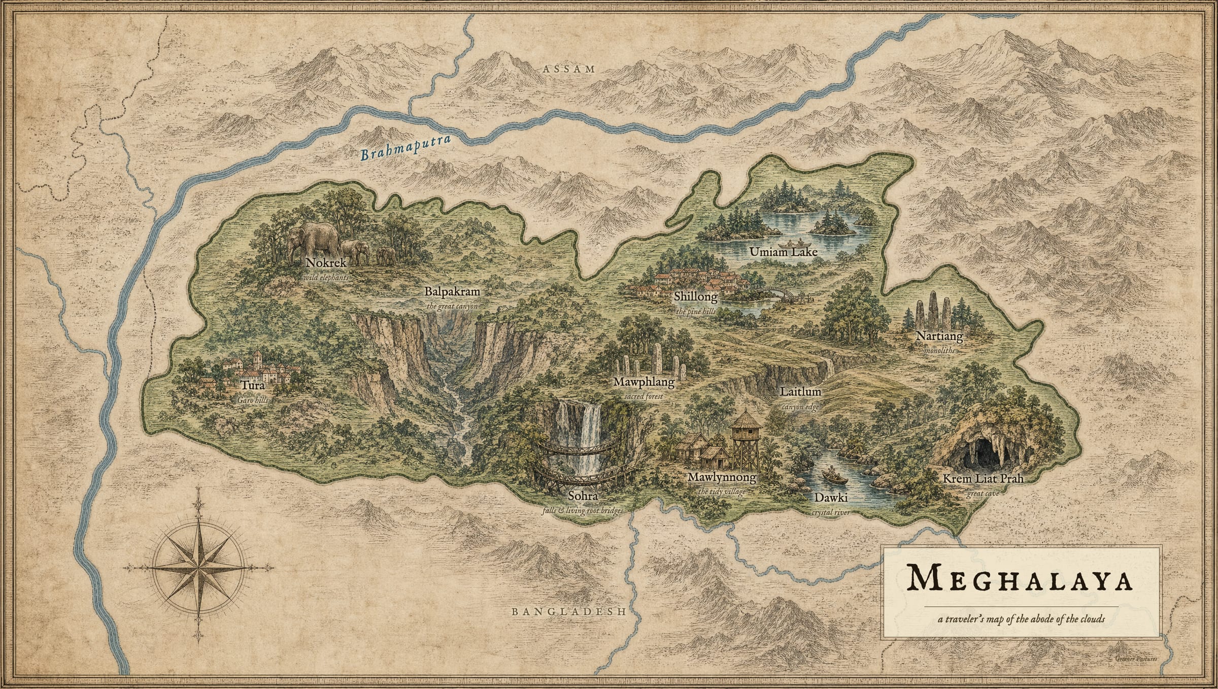 Illustrated tourist map of Meghalaya showing Shillong, Sohra, Mawlynnong, Dawki, Umiam Lake, Mawphlang, Nartiang, Balpakram, Tura and the living root bridges.
