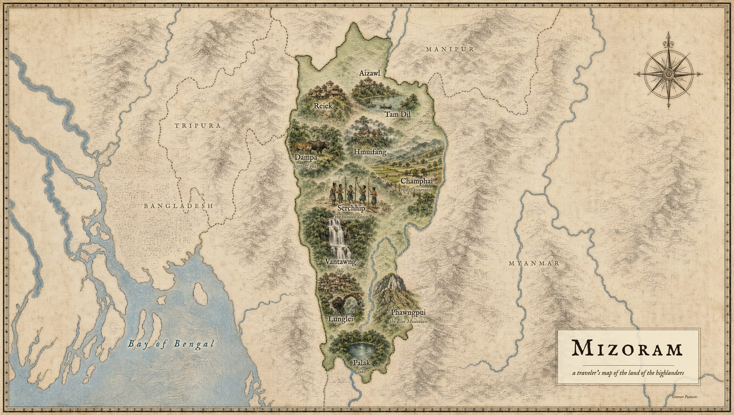 Illustrated tourist map of Mizoram showing Aizawl, Champhai, Reiek, Tam Dil, Hmuifang, Vantawng falls, Phawngpui, Lunglei, Dampa and Palak lake.