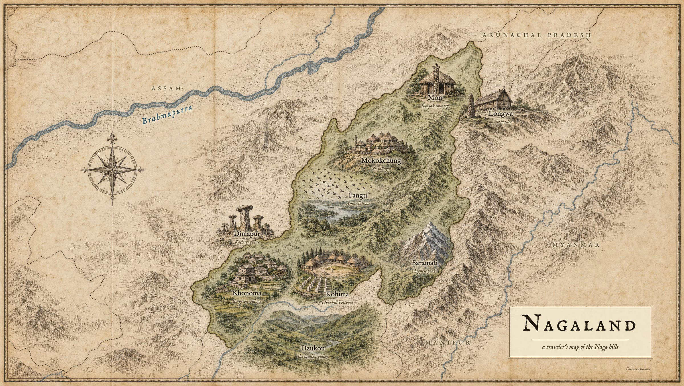 Illustrated tourist map of Nagaland showing Kohima, Khonoma, Dimapur, Mokokchung, Mon, Longwa, Pangti, Saramati and the Dzukou valley.