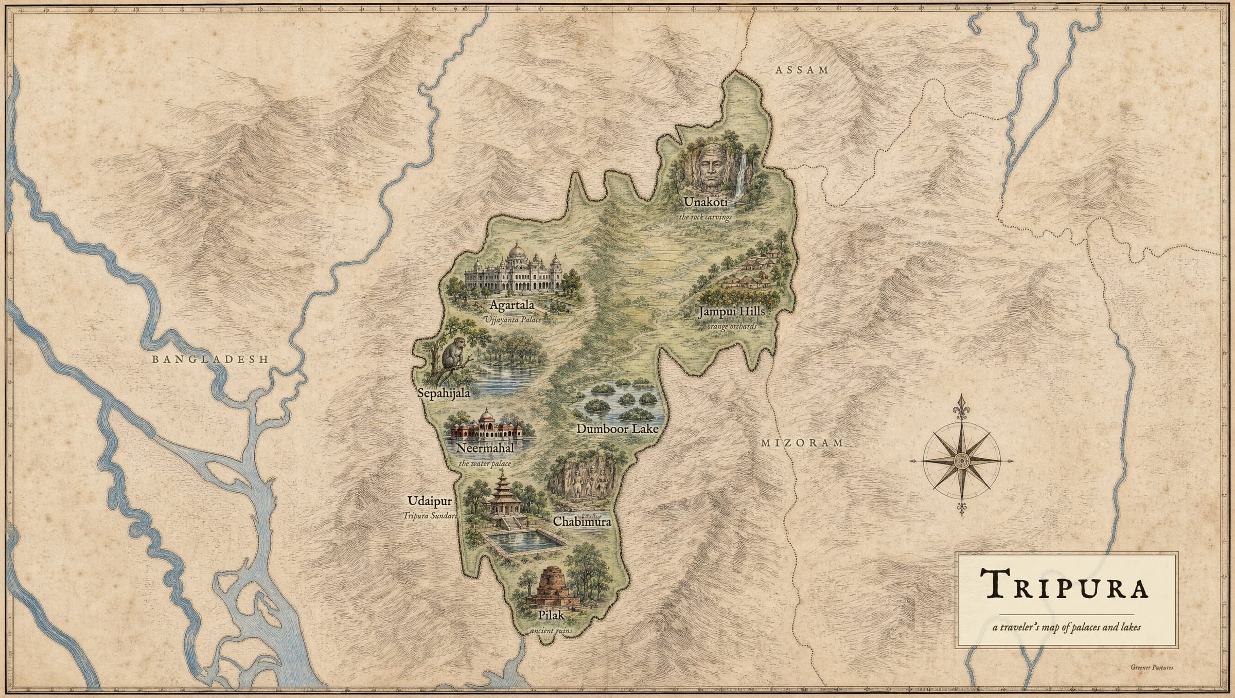 Illustrated tourist map of Tripura showing Agartala, Unakoti, Neermahal, Udaipur, Chabimura, Sepahijala, Dumboor Lake, Jampui Hills and Pilak.