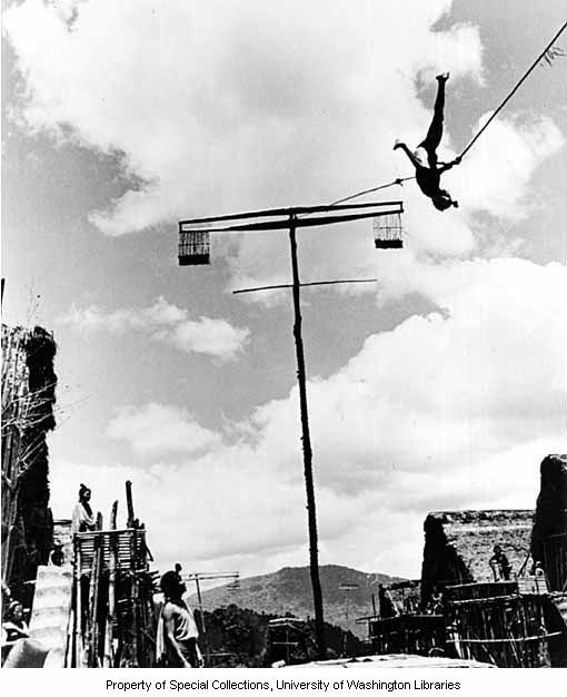 Rope swinging (bobo) at the Mloko spring festival, Hari village, Ziro Valley, ca. 1954