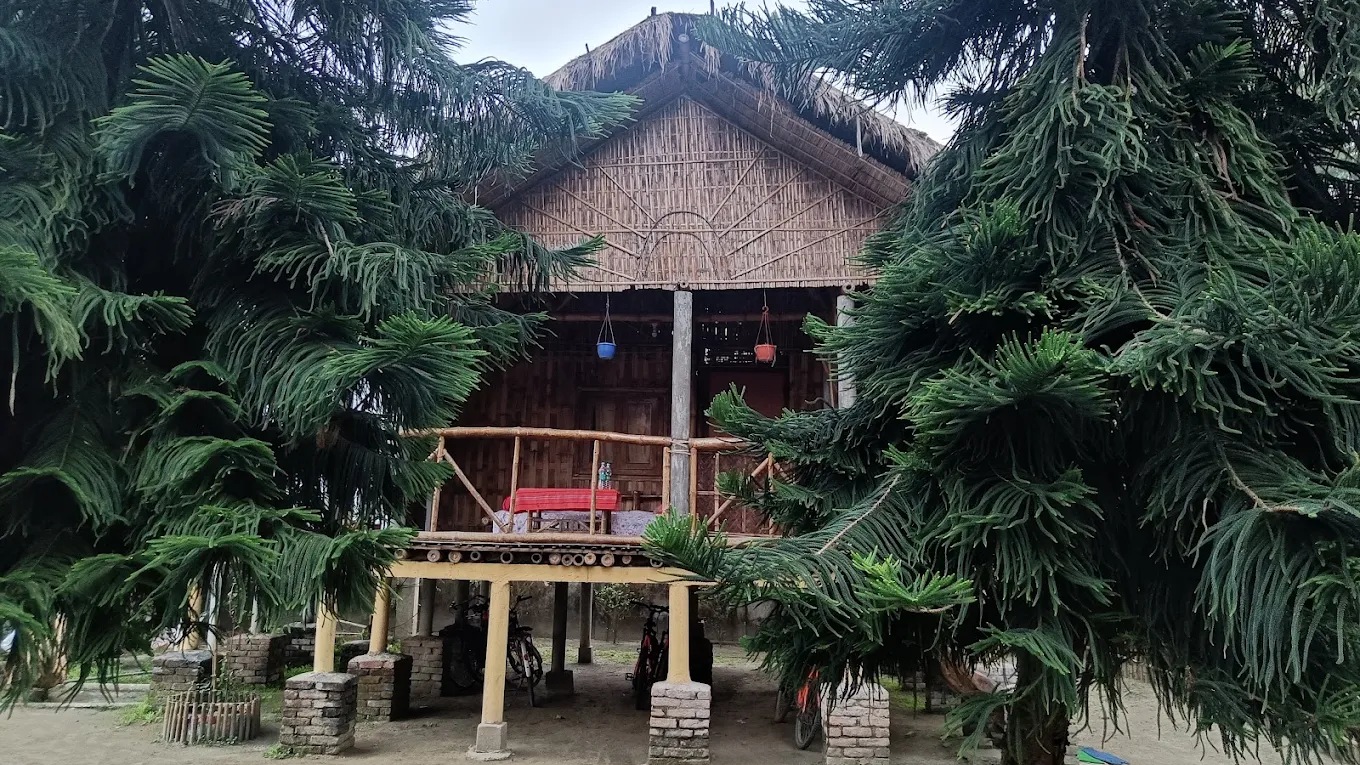 A bamboo stilt homestay on Majuli Island, Assam