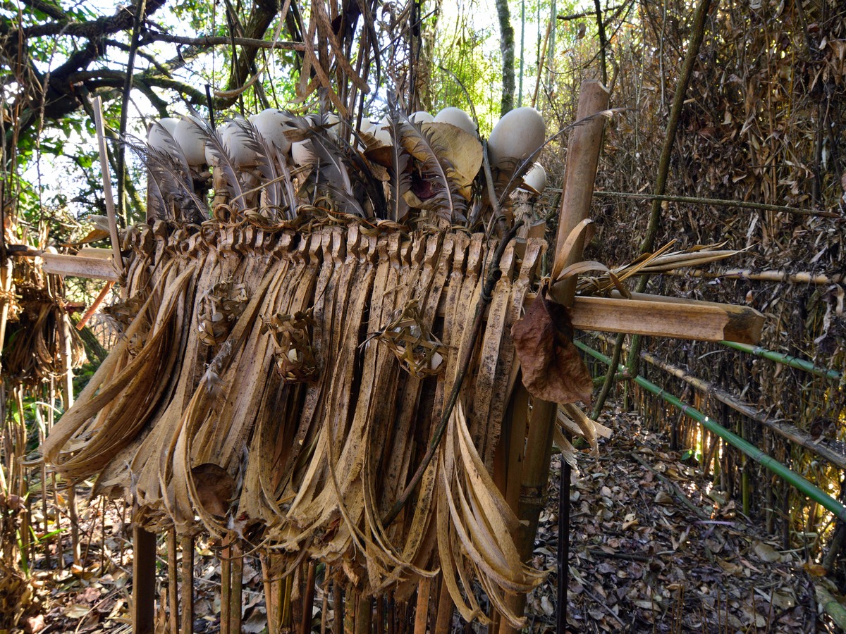 A bamboo ritual altar hung with offerings in the forest