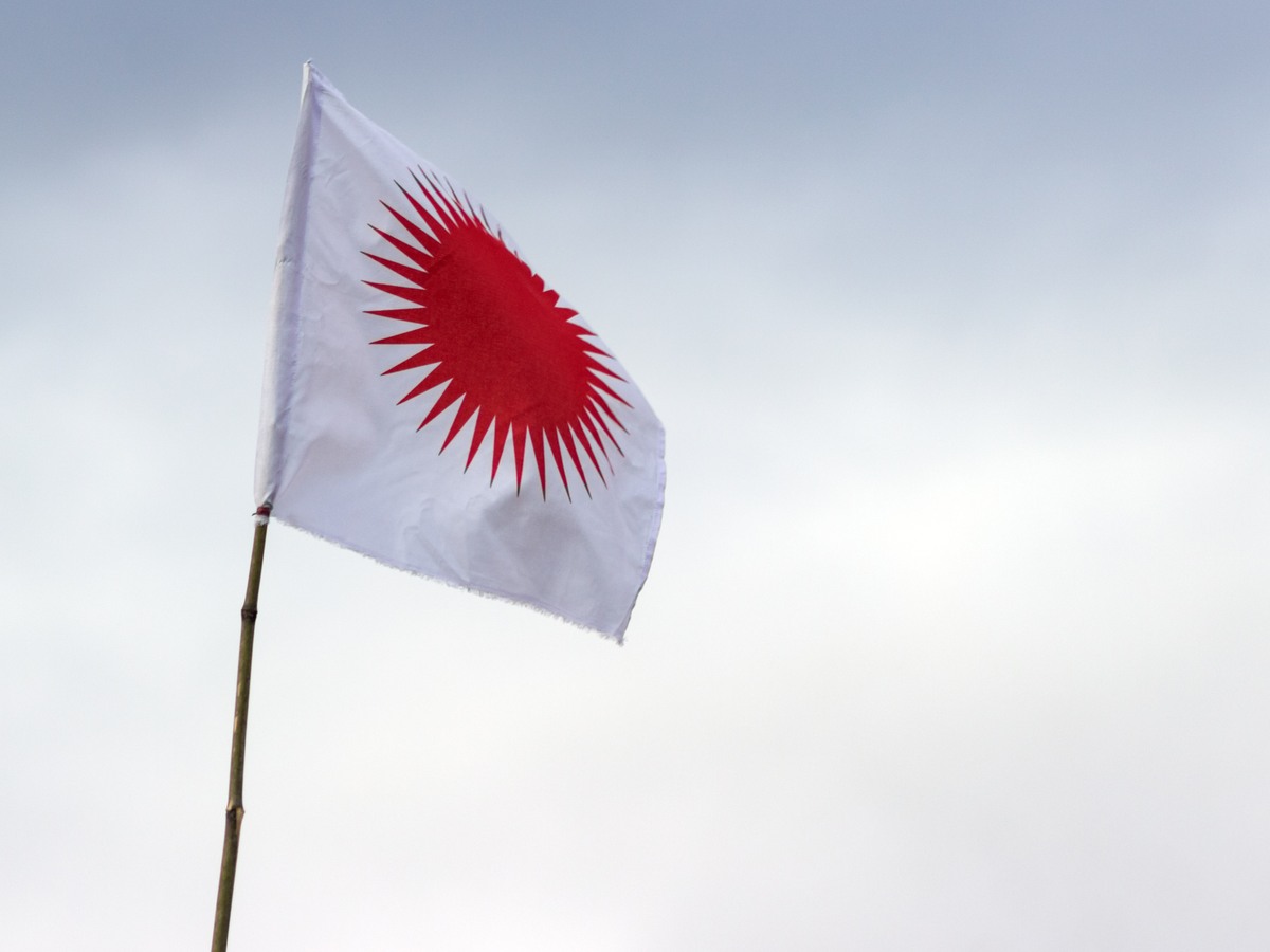 The white Donyi-Polo flag with its red sun flying against the sky